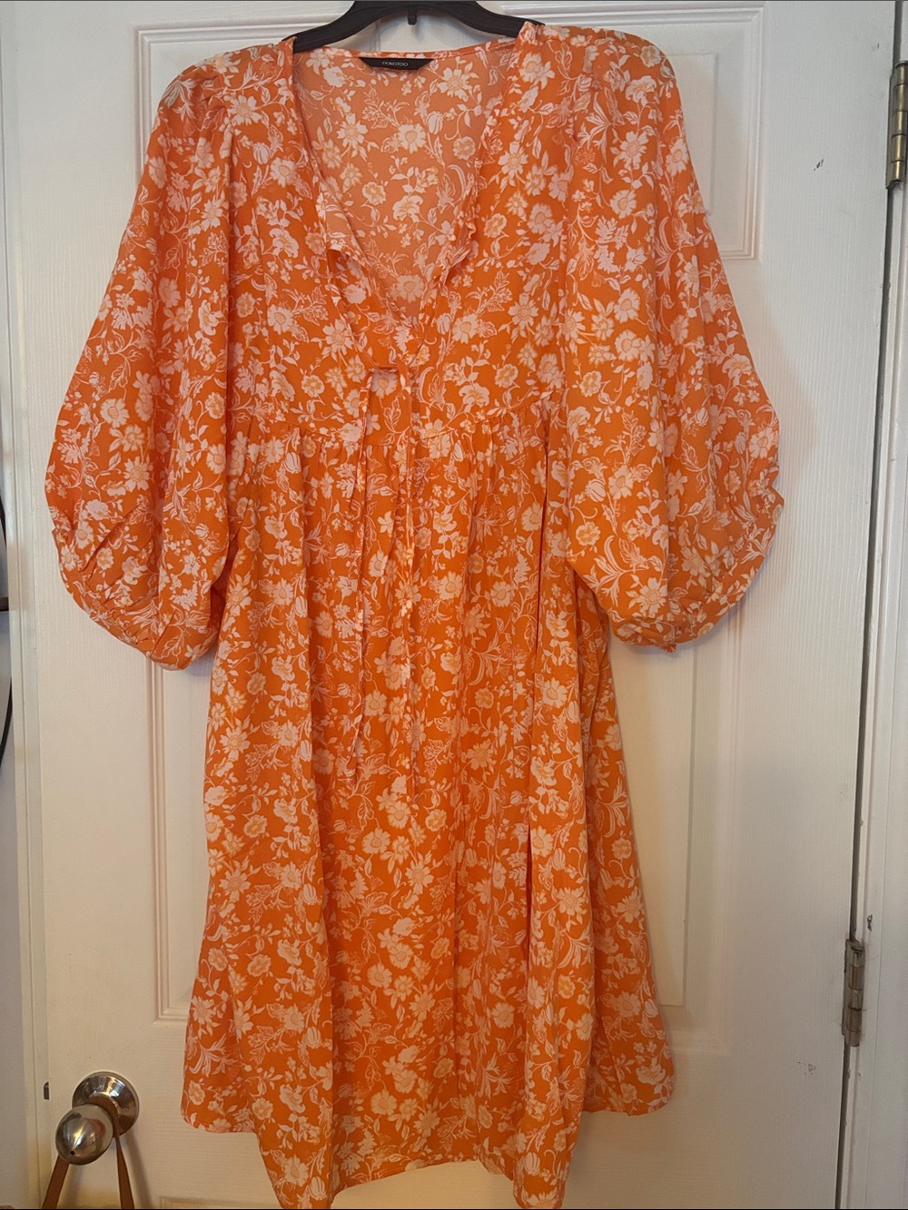 Women's Orange Floral V-Neck Puff Sleeve Mini Dress